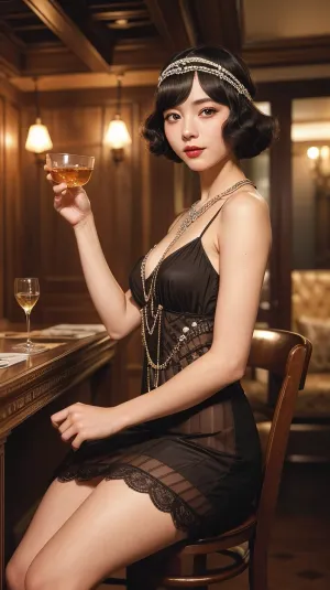 AI는 Jisoo의 사진을 생성, 높은 발 뒤꿈치를 가진 정교한 1920s 플랩 스타일의 드레스를 착용하고 비싼 주류의 우아한 유리를 붙드는 화려한 여성. 그녀는 따뜻한 환영 미소 앞에 의자에 앉아있다, 와