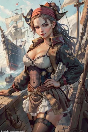 The pirate girl with the 18yo bandana and deep cleavage smirked as she took a picture of herself in front of the pirate ship. She was wearing a short skirt that revealed her stockings and made her look even more alluring. Her