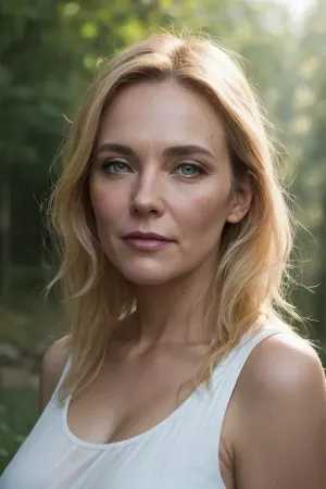 A 40-year-old Norwegian woman with a pretty face and wide angle lens was captured in a stunning photo. The photo showcased her perfect details, including her messy blonde hair, 8k masterpiece, and pre-jowl sulcus. The