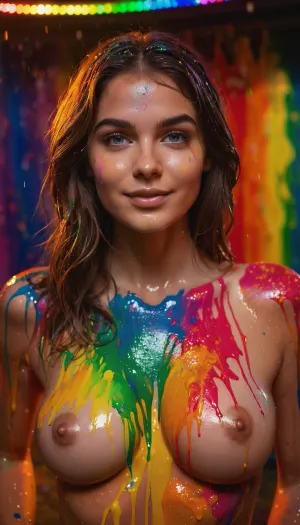 19-летняя модель стояла перед профессиональной студийной фотографией, ее тело раскрашено в яркие неоновые цвета. Глаза ее были закрыты, рот был слегка открыт, когда она позировала художнику. Ее сиськи были полностью