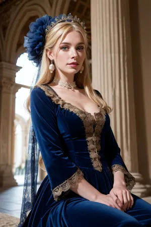 照片中的25岁女子穿着皇家蓝天鹅绒裙,戴着珍珠耳环和蕾丝衬衫. 她有完美的面部特征,包括她的眼睛, 半封闭的,似乎深思熟虑