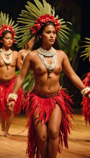 The topless woman in the picture is performing a traditional Polynesian dance, likely a Polynesian style found in places such as Tahiti and Hawaii. She is wearing headpieces and skirts made from natural materials, with floral decorations around her