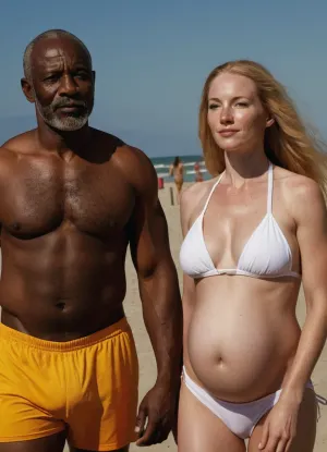 Le couple, un grand homme africain musclé et sa superbe femme blonde, marchaient sur la plage quand ils ont repéré un groupe de femmes bikini-clad. Ils se sont approchés et ont demandé s'ils voulaient se joindre à eux sur leur photo de groupe bimbo