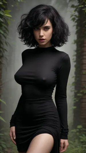 full body portrait, (pretty girl), face forward, (black short curly hair color, bangs), serious expression, looking at viewer, ((wearing black big crew neck dress)), standing, skinny, petite body, midnight, eerie vibes, creepy mansion, brick, vines, field, fog, mysterious, BREAK, (8k, RAW photo, best quality, masterpiece:1.2), (realistic, photo realistic:1.3), UHD, high detail RAW color photo, sharp focus, (real skin), perfect anatomy, slender, perfectly detailed face and eyes, (cinematic lighting), (moist eyes, moist lips), JS_SaggingBreasts, JS_Middle, JS_Small, puffy_nipples, <lora:JS_SaggingBreasts:.5>, <lora:weight_slider_v2:.1>, <lora:puffy-nipples-v01:.5>
