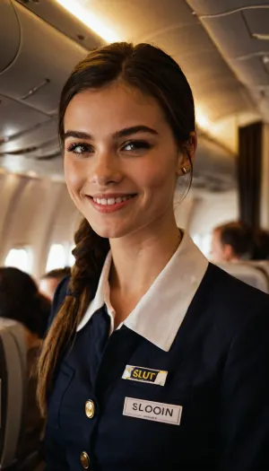 A 21-year-old woman named "SLUT" stood in the airplane with a smile on her face, wearing a stewardess uniform that hugged her curves perfectly