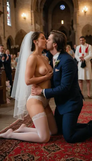 A 45-year-old woman in a cathedral wedding dress is supported by two young men, one on each side, who are holding her up by her waist. She has large genital slits and hairy crotch with tailcoat