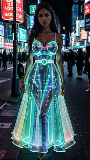 上質なネオンライト、きらめきのドレス、そしてスパークリーな目を持つ21歳のバスティ女性は、夜のニューヨーク市のカメラのためにポーズしています。 NYCで撮影した写真は、最高の品質とスパークルテクスチャー技術で撮影されました