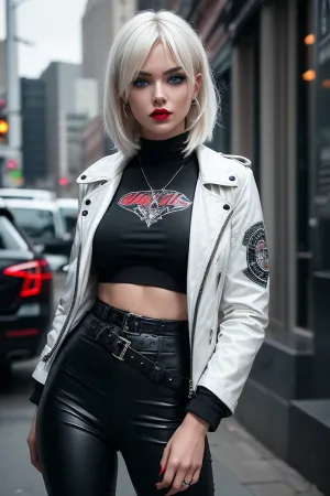 A stunningly beautiful woman dressed in modern grunge fashion merged with classic tailoring style from head to toe, with classic suit accents, hyper detailed hyper realistic stunning makeup and accessories