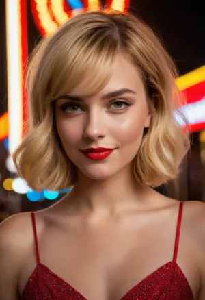 Una mujer joven en Las Vegas, posando para una foto de moda con largo pelo rubio dorado y elegante traje, sonriendo con confianza y sosteniendo vidrio de champán