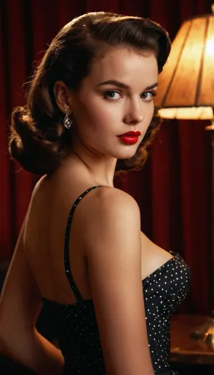 En los 50s estilo pinup fotorealista, una joven temptress se encuentra frente a una cámara vintage. Su figura pequeña y delgada es destacada por su corte de pelo corto y brillante lápiz labial rojo. Ella posa seductoramente, con una mano
