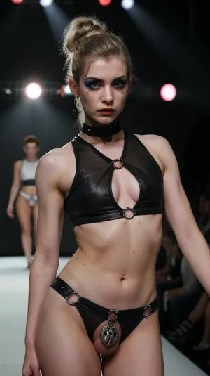 Catwalk에서 강렬한 모습과 자르기 탑을 착용하는 Femboi는 그녀의 음색으로 관객을 사로잡았습니다