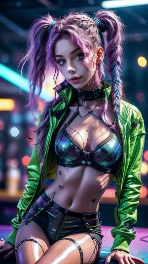 Dans la boîte de nuit, un chef-d'œuvre cyberpunk aux lumières néon et aux émeraudes brillantes, un beau modèle aux longs cheveux noirs et aux yeux violets brillants captive le public. Elle porte un petit bas de dentelle sur sa jambe, ce qui améliore