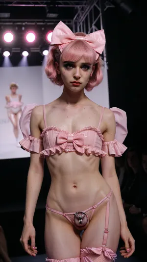 दर्शकों को प्रत्याशा में बैठा क्योंकि femboi मॉडल रनवे नीचे चला गया, उसके बाद प्रत्येक चरण के साथ एक साथ निकले हुए चैस्टिटी पिंजरों का एक समूह। तीव्र स्पॉटलाइट ने अपने वक्रों पर चिल्लाया और उसे और भी अधिक स्त्री दिखीं। वह