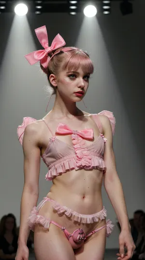 The femboi model strutted in her frilly pink top and short skirt, a reminder of her childhood fantasies. She couldn't help but notice the pacifier that dangled from her neck, a reminder of her childhood fantasies