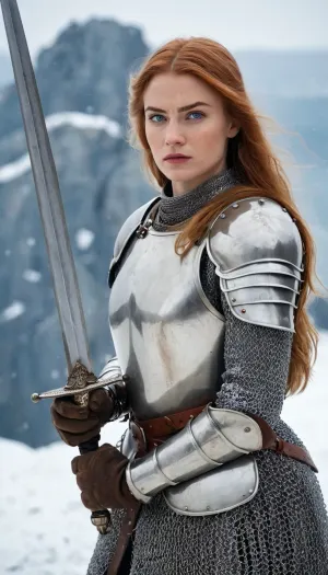 鎧の騎士は高く、誇りに思っています。彼女は戦いに追いつくように、彼女の剣は高い保持しました。 最高級のドイツ製鋼で作られ、ヘルメットは青色の目の写真で飾られました。 彼女は精密で彼女の剣を投げる