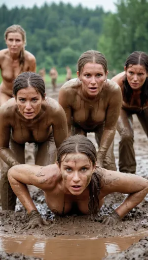 A group of 30 year old women covered in mud, their bodies glistening with sweat, were crawling on the bellies in a muddy obstacle course. Despite the challenges of the course, they remained focused and determined to complete it