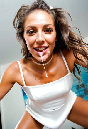 The 40-year-old woman was dressed in a sexy wedding dress and mini dress, with makeup and perfect face. She leaned forward to kiss the viewer's mouth, her eyes closed and her wicked grin on her face
