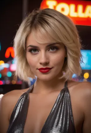 El pelo de la joven es capturado en un retrato impresionante, su brillante lápiz labial rojo y los ojos llamativos dibujando al espectador. La fotografía captura la belleza de Las Vegas por la noche, con luces de neón iluminando el paisaje urbano. La iluminación es cautiva
