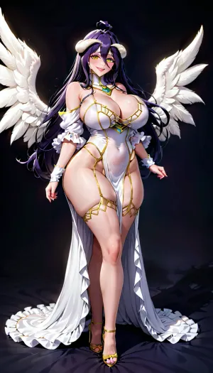 Albedo, the sexy AI with big ass, thick thighs, and big breasts in Overlord, is a seductive character to watch as she poses for the camera in her sexy costume and dialogue