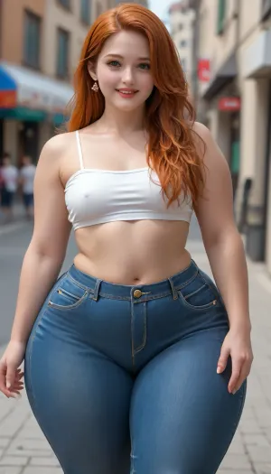 La fille potelée aux hanches larges et aux cuisses massives était sur un ranch, portant un jean bleu et un haut blanc serré. Elle avait de longs cheveux de gingembre, de la poitrine plate, des hanches hyper, des hanches larges, des cuisses massives, des yeux verts et sur un ranch