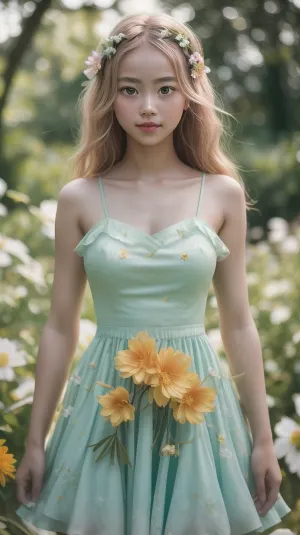 La ragazza nella foto indossa un vestito carino e leggero con uno schema di colore dim. Il suo sorriso innocente e le labbra paffute sono esaltate dalla bassa saturazione della sua foto. Si trova di fronte a un fondo a tema verde, che aggiunge