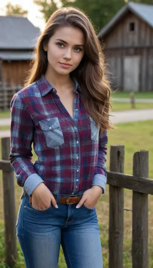 A menina está posando contra o fundo de uma cerca de madeira em uma camisa xadrez, jeans, e um par de tênis. Ela está a posar para a câmara do namorado