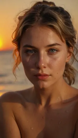 21year old girl, dirty blonde hair, dark blonde hair, short wavy hair, ponytail, blue eyes, no makeup, oily skin, tired eyes, bags under eyes, acne, cute nose, button nose, youthful features, nice full lips, light pink lips, wide face, film, analog, sunset, hard, light, soft, dramatic, lighting, neon, lights, red, blue, green, purple, agfa, ultra, classic, chrome, ektachrome, eterna, fujicolor, c200, kodachrome, 64, kodak, portra, 400, superia, 1600, kodacolor, fujifilm, xt3, grain, polaroid, colored, gels, depth, of, field, dim, golden, hour, color, grading, bokeh, RAW, ((submissive)), ((lovely)), (((in very sexual erotic pose))), brown short hair, short ponytail, full body, (((full body view))), (((high detailed legs))), (((high detailed fingers))), ((very much want have sex)), ((high detailed pores on skin)), well-build body, medium tits, small lips, lots of freckles face and skin, blush on the checks and nose, (raised nasal tip, upturned button nose, upturned nose, delicate nose, nose), hypnotized loving grey eyes, brown wild wet hair with sidelocks, very sexy smile