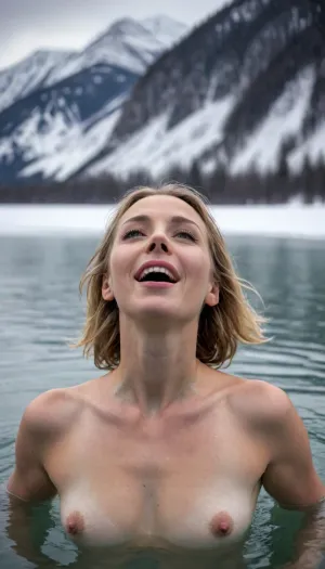 An image taken half under water of a happy naked beautiful 40 year old woman swimming in a frozen lake water up to her neck in a frozen mountain lake, the water is up to her neck. The view is half under water half above water
Polar dip
Full body view