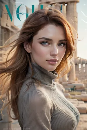 La foto della donna estremamente bella sulla copertina di una rivista è un'immagine generata dall'IA con un alto dettaglio e una messa a fuoco affilata. È un peli Pixie Ginger, stile pixie-cut, sorriso, pittura ad olio di Ed Blinkey