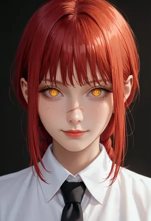 1girl, makima_, (chainsaw_man), yellow_eyes, solo, ringed_eyes, red_hair, collared_shirt, looking_at_viewer, shirt, scar, white_shirt, bangs, sidelocks, necktie, scar_on_face, smile, black_necktie, dark_background, long_hair, medium_hair