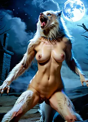 female werewolf, werewolf, howling under full moon, 6 teats, full body view, extra large breasts, visible vagina, modern-werewolf, (no fur on her breast and her belly:1.5), white fur, iced blue eyes, big fangs, pawns, claws, fluffy tail, pussy, nude, big pussy, closeup, <lora:Modern_Werewolf:1.4>, <lora:ManyBreasts-000067:2>, <lora:nsfw-xl-2.0:.5>
