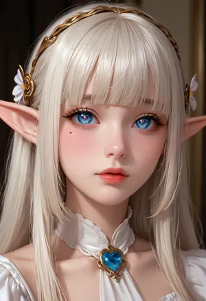 1girl, mole_under_eye, mole, solo, pointy_ears, heart, symbol-shaped_pupils, heart-shaped_pupils, blue_eyes, portrait, parted_lips, bangs, looking_at_viewer, white_hair, blunt_bangs, elf
