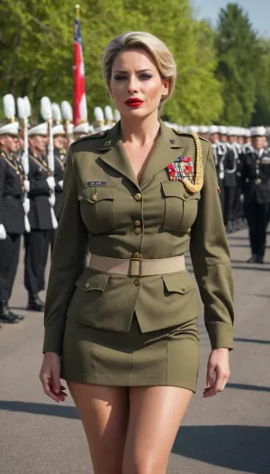 Milf in military uniform, full body, horny face, realistic, on military parade, big tits, down blouse, red lipstick