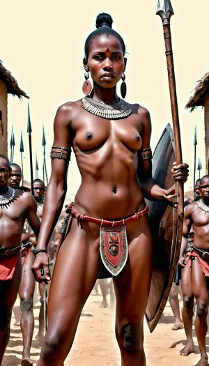 very professional quality super realism red graphic, red, black and white, colored pastel work, fully naked naked warrior African womens With Shield And Spear From Africa, standing in the crowed village in africa Photo By Alfred Mucha, Giger, Hieronymus Bosch, Paul Gauguin, Auguste Renoir, Norman Rockwell, Albert Vargas N Academic Design Style, real pic Master piece, skirtlift, <lora:skirtlift_xl:.5>