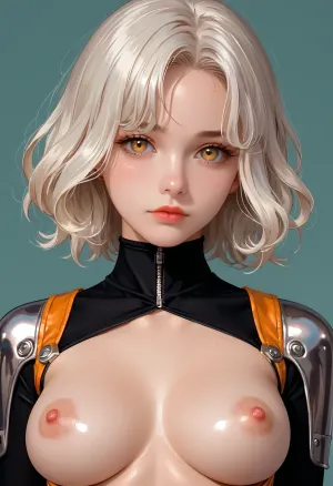1girl, breasts, solo, nipples, long_hair, looking_at_viewer, upper_body, white_hair, medium_breasts, yellow_eyes, closed_mouth, shiny, orange_eyes, forehead, lips, bangs, bodysuit, gradient, gradient_background