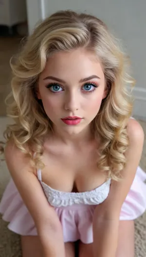 大きな青い目を持つ少女は、床にひざまずいて、彼女の目に見える。 彼女は視聴者から数ヤード離れていた、プリーツスカートと彼女の顔の写しを身に着けています。 唇は部分的に