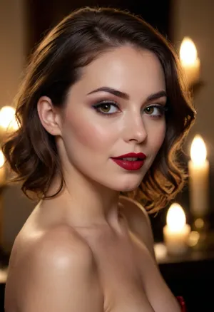Thick 25 year old brown haired woman side eyeing camera, (looking over her shoulder:1.2), smiling, smirking, horny, seductive, back to camera, full dark red lips, hair in loose cascade, heavy eyelids, (eyeliner, winged eyeliner, dark eyeshadow), makeup, nude, (candlelight)