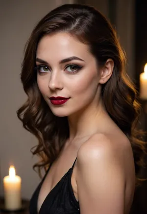 20 year old brown haired woman side eyeing camera, looking over her shoulder, smiling, smirking, horny, seductive, back to camera, full dark red lips, hair in loose cascade, heavy eyelids, (eyeliner, winged eyeliner, dark eyeshadow), makeup, thick, nude, (candlelight)