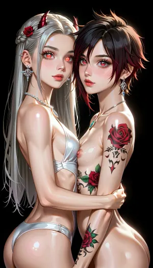 Very long hair ponytail, (Short Textured Haircut), (ruby Rose Hairstyle), (oval shape head), (round head), (feminine belly), (high cheekbones), (beautiful face), (strong jawline), (Beautiful glowing red eyes), (almond-shaped eyes), (long lashes), (tin eyebrows), ((full lips), (170cm high), ((slim body)), (dark nails), (silver necklaces and earrings), (tattoos), (tattoos 10% body), (small breasts), (perky breasts), (small ass), (round ass), (firm ass), (toned legs), (lean legs), (feminine legs), (well-defined feet)), frieren-aura, horns, <lora:add-detail-xl:2>, <lora:Colorful Hair Slider_alpha1.0_rank4_noxattn_last:2>, <lora:loraeyesxl:2>, <lora:DetailedEyes_V3:2>, <lora:aura-animagine:2>