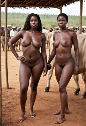 Two black naked dark skinned uganda naked women are standing submissive close together cattle market in africa female prisoner shackled, woman, men in fraemer outfit souround them, attractive, big saggy breast, black dark areola, bushy hairy pussy, long hair, makeup, full body, mother, model, pose full body pic fron head to toe full detail, wide hips, big round ass, strong legs, strong arms, saggy breast, big hard nipple