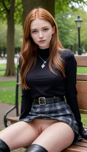 (full frame view, zoom out, full body view, hyper realistic:2), (most beautiful slender 18 year old redhead Irish model sitting on a bench in a park, slim, tall, confident, assertive, strong, proud:2), (wearing oversize buckled black riding boots, plaid miniskirt, white shirt:2), (show nude round tits and nude pussy:1.8), (professional fashion photoshoot in the style of Terry Richardson, NSFW:1.7), (beautiful detailed face with heavy make-up:1.2), (erotic photo, porn photo, pornography, photorealistic, photo realistic, photorealism, photo realism, realistic, realism, light blank background:1.5), (4k, 8k, 8k resolution, best quality, ultra quality, highest quality, maximum quality, uncompressed, raw source photograph:1.2), (intricate clothing, detailed clothing, detailed skin, realistic skin), skirtlift, <lora:skirtlift_xl:.6>, <lora:Creat0r_MagicDetailzV2_FIX:2>, breasts, cutout, clothing, nipples, <lora:2BoutOvalSDXL2-000002:.5>