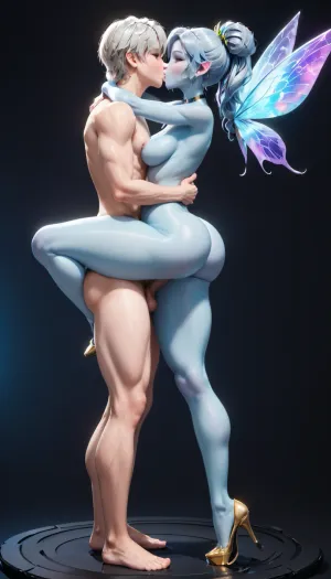 (full body shot:1.5), 1boy, gigantic tall fairy with long silver hair stays in front of slim young boy, his erected cock is between her hips. She has blue skin, very big ass, narrow waist, very wide hips and medium breasts, fit legs. She is looking at boy and kissing his lips. HD, High Res, 4k, ultra-detailed, masterpiece, ultra high res, 8k uhd, dslr, high quality, Ultra realistic, high definition, standing, with, one, leg, up, angled, hips, bent, knee, only, low, nicorima, bottomheavy, big, ass, huge, gigantic, thick, thighs, massive, <lora:StandWithOneLegUp.1.0:.5>, <lora:Nicorima Style:.9>, <lora:bottomheavy_v1_sdxl_tags:.2>