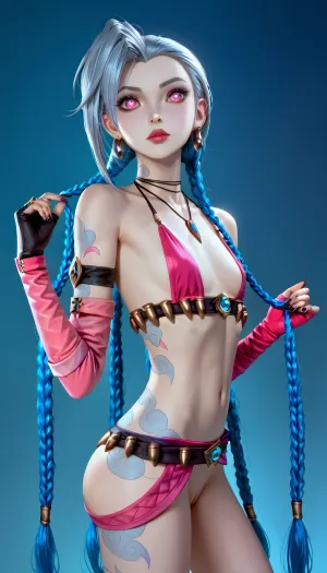 (league of legends), pink eyes, Very long hair ponytail, (Short Textured Haircut), (blue Rose Hairstyle), (oval shape head), (round head), (feminine belly), (high cheekbones), (beautiful face), (strong jawline), (Beautiful glowing red eyes), (almond-shaped eyes), (long lashes), (tin eyebrows), ((full lips), (170cm high), ((slim body)), (dark nails), (silver necklaces and earrings), (tattoos), (tattoos 10% body), (small breasts), (perky breasts), (small ass), (round ass), (firm ass), (toned legs), (lean legs), (feminine legs), (well-defined feet)), (league, of, legends\), visible pussy no panties, low, twintails, blue, hair, pink, eyes, masterpiece, realistic, jinx, 1girl, solo, twin, braids, single, elbow, glove, no bikini, top, only, necklace, belt, fingerless, gloves, <lora:MIAOKA_JINX_1.0_SDXL:2>, <lora:add-detail-xl:2>, <lora:Colorful Hair Slider_alpha1.0_rank4_noxattn_last:2>, <lora:loraeyesxl:2>, <lora:DetailedEyes_V3:2>, <lora:Jinx_-_the_Loose_Cannon:1>, <lora:Jinx_LOL_AnimeRealistic_SDXL_V1.0:1>, <lora:jinx:1>