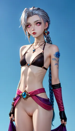 (league of legends), pink eyes, Very long hair ponytail, (Short Textured Haircut), (blue Rose Hairstyle), (oval shape head), (round head), (feminine belly), (high cheekbones), (beautiful face), (strong jawline), (Beautiful glowing red eyes), (almond-shaped eyes), (long lashes), (tin eyebrows), ((full lips), (170cm high), ((slim body)), (dark nails), (silver necklaces and earrings), (tattoos), (tattoos 10% body), (small breasts), (perky breasts), (small ass), (round ass), (firm ass), (toned legs), (lean legs), (feminine legs), (well-defined feet)), (league, of, legends\), 1girl, solo, twin, braids, single, elbow, glove, short, no panties, bikini, top, only, necklace, belt, fingerless, gloves, <lora:MIAOKA_JINX_1.0_SDXL:1>, <lora:add-detail-xl:2>, <lora:Colorful Hair Slider_alpha1.0_rank4_noxattn_last:2>, <lora:loraeyesxl:2>, <lora:DetailedEyes_V3:2>, <lora:jinx:1>