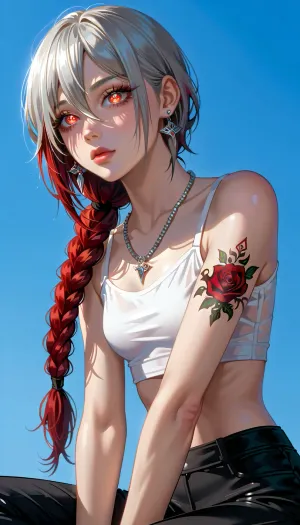 Very long hair ponytail, (Short Textured Haircut), (ruby Rose Hairstyle), (oval shape head), (round head), (feminine belly), (high cheekbones), (beautiful face), (strong jawline), (Beautiful glowing red eyes), (almond-shaped eyes), (long lashes), (tin eyebrows), ((full lips), (170cm high), ((slim body)), (dark nails), (silver necklaces and earrings), (tattoos), (tattoos 10% body), (small breasts), (perky breasts), (small ass), (round ass), (firm ass), (toned legs), (lean legs), (feminine legs), (well-defined feet)), (pattern\), power_\, (chainsaw_man\), makimacm44, ringed, yellow, eyes, red, long, hair, bangs, white, shirt, sidelocks, black, pants, braided, ponytail, necktie, <lora:add-detail-xl:2>, <lora:Colorful Hair Slider_alpha1.0_rank4_noxattn_last:2>, <lora:loraeyesxl:2>, <lora:DetailedEyes_V3:2>, <lora:makimacm44:2>