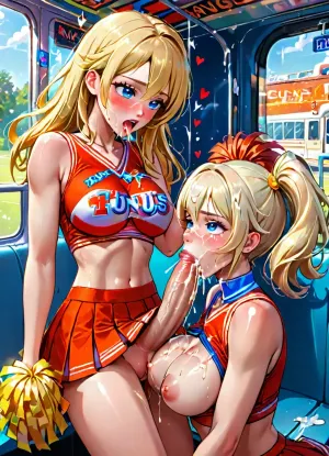 (2 girls), ((2 gorgeous 25 year old white blonde cheerleaders on a bus)), 1 futanari, no panties, blonde hair, blue eyes, (natural b cup tits:1.2), (slim), athletic, (gymnast body), bus, (red cheerleader skirt), (red cheerleader top), pussy, (fellatio, girl sucking futanari's big dick, giving futa a blowjob:1.2), (projectile cum, large ejaculation, cum, male orgasm, cumming, erection:1), (cumming:1), cum in mouth, cum overflow, covered, in, semen, on, breasts, face, clothes, cum on face, facial, cum on hair, ((moaning, aroused, intense orgasm, orgasm)), (girl moans out of sexual pleasure)