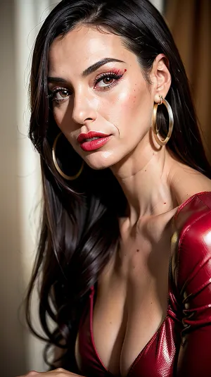 Close glamour portrait of an italian beautiful woman. Looking like Lea Salame, 40 years old., (Big golden Hoop earrings:1.2), make up, red lipstick, red lips, brown eyes, black eyes, (black eyes:1.3), dark eyes, highly detailed face, (very beautiful woman:1.3), dream girl, masterpiece., Lea8, <lora:PCF_LeaSalame-10:.5>