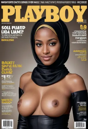 playboy magazine cover featuring a ghana woman wearing a black and gold leather hijab, naked Muslim woman wearing only a hijab, magazine shows naked woman with the word "playboy" on top of her head, young woman with large enormous asymmetrical very large natural boobs on a magazine, featured articles of the magazine include, (text, "hot sex in Ramadan"), (text, "Muslim blowjob"), black and gold complete hijab, hijab covering hair, innocent, smile, nipples, tits, playboy magazine cover
