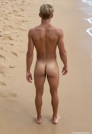 beautiful sexy slender 18-year-old boy, nudist, caribean boy, long blond hair with ponytail, bright blonde highlights and undercut, bare legs, barefoot, deep tan, deep black body, dark black skin, very slim build, hairless body, detailed perfect skin, very small breasts, narrow shoulders, very slim ass, chewing gum on the foot, boy standing at Ghana beach, photographed by tourists, cute bikini bottom slipped down to the ankles, barefeet, summer holiday, no blurry on the feet, boy showed from behind, ass view, seen from above top view, full body showing, photorealistic, <lora:realistic_male_ass:.4>