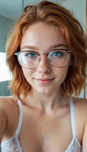 एक लड़की के साथ अदरक freckles और बर्फ नीली आंखों उसके दर्पण में एक सेल्फी ले रही थी जब उसने कुछ अजीब देखा था। उनकी सबसे अच्छी गुणवत्ता उसकी photorealism थी, लेकिन वह मदद नहीं कर सका लेकिन ध्यान दें कि उसके गन्दे बाल और सफेद अंडरवियर बर्बाद हो गए थे।